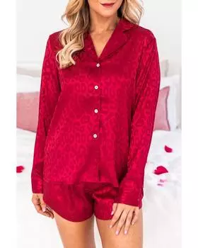 Azura Exchange Leopard Satin Long Sleeve Top and Shorts Set XL красный