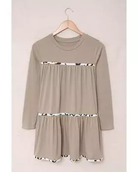 Azura Exchange Leopard Splicing Ruffle Long Sleeve Top L хаки