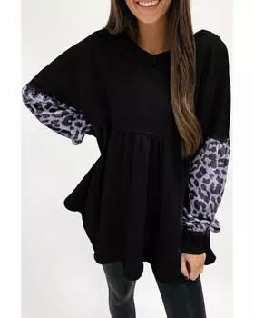 Azura Exchange Leopard Splicing Ruffle Sweatshirt L чёрный