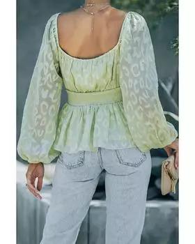 Azura Exchange Leopard Textured Square Neck Puffy Sleeve Top M зелёный