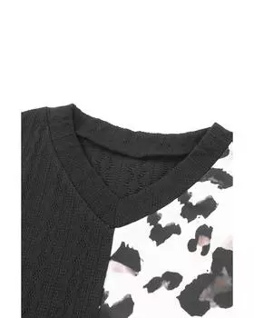 Azura Exchange Леопардовый пэчворк свитер с широкими рукавами и V-образным вырезом M чёрный