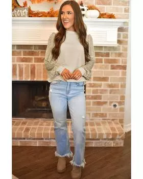 Azura Exchange Леопардовый принт Длинный рукав Ребристая трикотажная блузка L абрикосовый