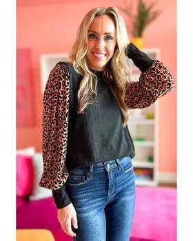 Azura Exchange Леопардовый принт Длинный рукав Ребристая трикотажная блузка XL чёрный