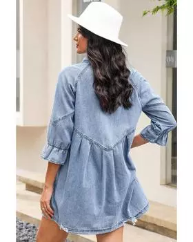 Azura Exchange Light Blue Ruffled 3/4 Sleeve Buttoned Front Plus Size Denim Dress 1X светло-синий