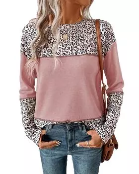Azura Exchange Light Pink Leopard Print Waffle Knit Patchwork Top S светло-розовый