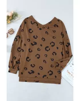 Azura Exchange Loose V Neck Top with Print Side Split M коричневый