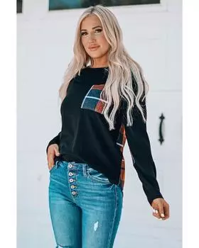 Azura Exchange Лоскутный клетчатый топ с длинными рукавами S чёрный