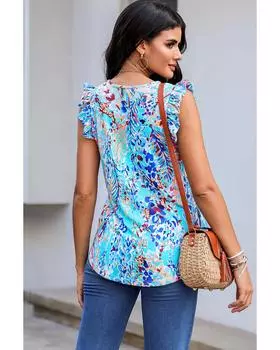 Azura Exchange Майка с цветочным принтом и оборками M небесно-голубой