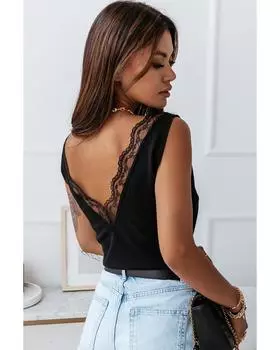 Azura Exchange Майка с открытой спиной и V-образным вырезом, с кружевной отделкой XL чёрный
