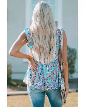 Azura Exchange Майка с V-образным вырезом и оборками с узором S небесно-голубой