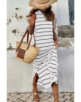 Azura Exchange Maxi Dress with Stripe Print and Open Back Slits L белый