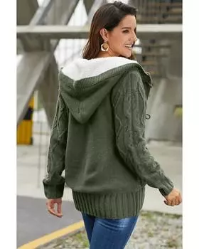 Azura Exchange Меховой капюшон Свитер с роговыми пуговицами Кардиган S зелёный