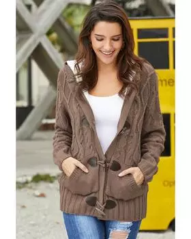 Azura Exchange Меховой капюшон Свитер с роговыми пуговицами Кардиган 2XL хаки