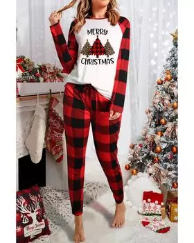 Azura Exchange MERRY CHRISTMAS Plaid Print Lounge Set L красный