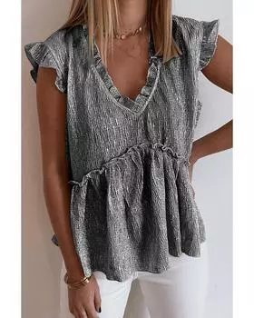 Azura Exchange Metallic Crinkle Blouse with Frilled V Neck M чёрный