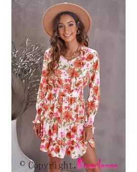 Azura Exchange Мини-платье с цветочным V-образным вырезом, длинными рукавами и завязкой на талии M разноцветный