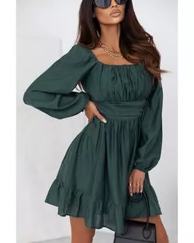 Azura Exchange Мини-платье с квадратным вырезом и рукавами-фонариками L зелёный