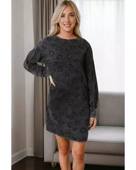 Azura Exchange Мини-платье с леопардовым принтом и карманами на рукавах-фонариках L серый