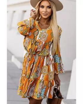 Azura Exchange Мини-платье с V-образным вырезом и застежкой-молнией в стиле бохо с геометрическим принтом M оранжевый