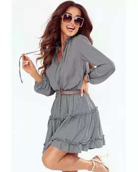 Azura Exchange Мини-платье с V-образным вырезом, длинными рукавами и оборками S серый