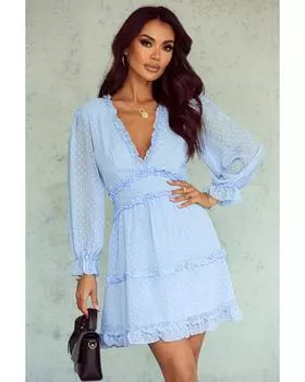 Azura Exchange Мини-платье Swiss Dot с многослойным рисунком, открытой спиной, рукавами-фонариками L небесно-голубой