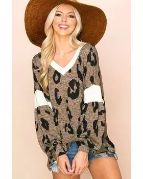 Azura Exchange Multicolor Contrast V Neck Drop Shoulder Leopard Top M разноцветный
