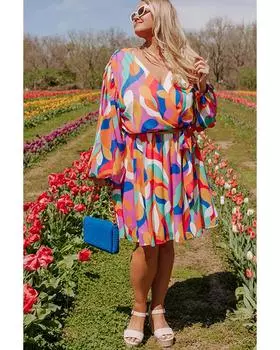 Azura Exchange Multicolor Plus Size Abstract Print Oversized Sleeve Belted Dress 2X разноцветный