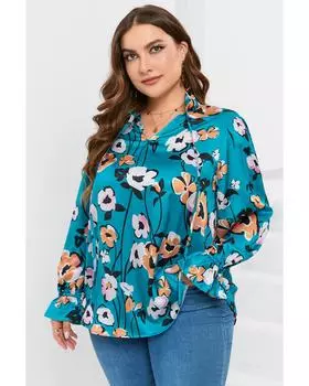 Azura Exchange Небесно-голубой цветочный принт V-образный вырез блузка больших размеров 1X небесно-голубой