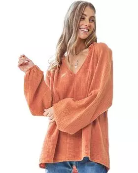 Azura Exchange Блузка с оранжевой гофрированной текстурой, разрезом на шее и рукавами-фонариками L оранжевый