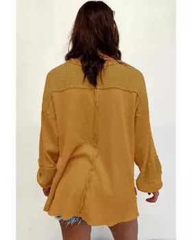 Azura Exchange Открытый шов Лоскутная рукава-пузырь вафельный трикотажный топ M коричневый