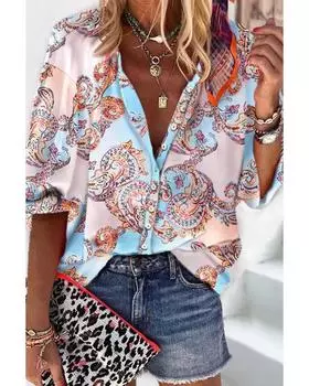Azura Exchange Paisley Print Lantern Sleeve Button-Down Shirt XL небесно-голубой