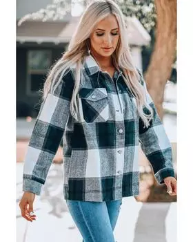 Azura Exchange Пальто-рубашка с клетчатым принтом на пуговицах и карманом 2XL зелёный