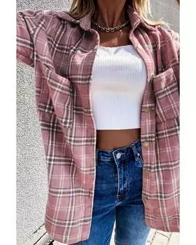 Azura Exchange Пальто-рубашка в клетку с пуговицами и разрезами XL розовый