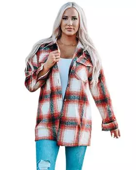 Azura Exchange Пальто в клетку с застежкой на пуговицы M красный