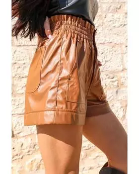 Azura Exchange Patch Pocket Faux Leather High Rise Shorts L коричневый