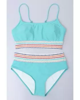 Azura Exchange Patchwork Striped Spaghetti Strap High Waist Bikini Swimsuit L небесно-голубой