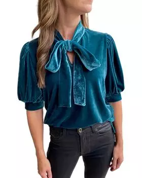 Azura Exchange Peacock Blue Velvet Bow Neck Short Sleeve Top L павлин голубой