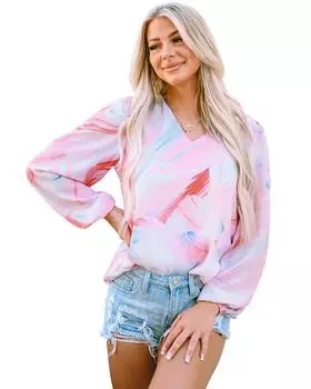 Azura Exchange Pink Abstract Print Balloon Sleeve V-Neck Blouse XL розовый