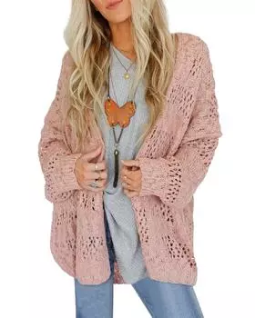 Azura Exchange Pink Casual Hollowed Knit Dolman Sleeve Cardigan L розовый