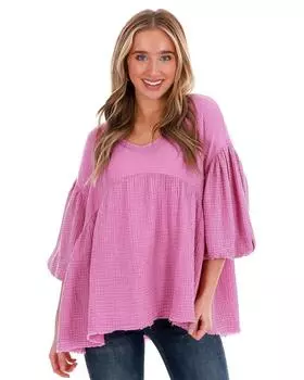 Azura Exchange Pink Crinkle Bubble Sleeve Raw Hem Babydoll Blouse S розовый