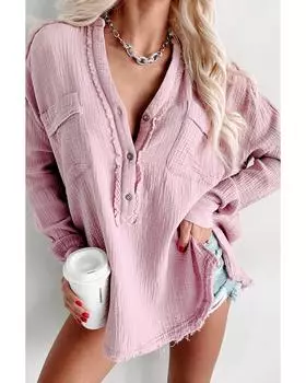 Azura Exchange Pink Crinkle Long Sleeve Distressed Split Henley Top S розовый