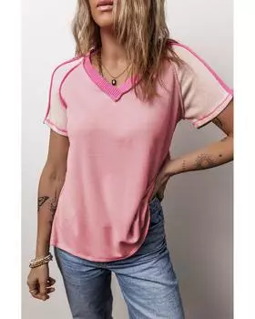 Azura Exchange Pink Exposed Seam Color Block Knitted V Neck T-shirt XL розовый