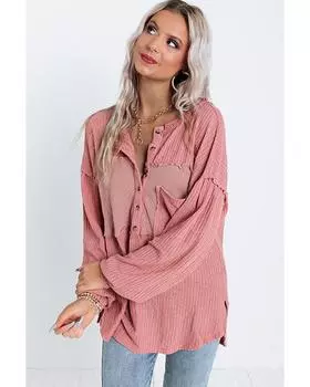 Azura Exchange Pink Frayed Patchwork Waffle Knit Top L розовый