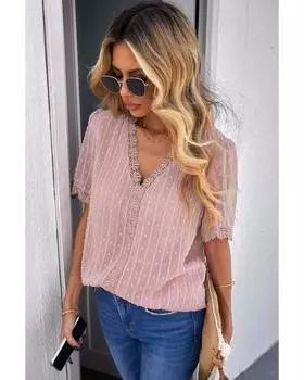 Топ Azura Exchange Pink с V-образным вырезом и короткими рукавами в горошек M розовый