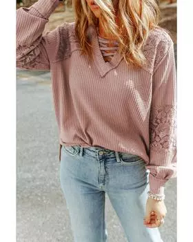 Azura Exchange Pink Lace Waffle Patchwork Strappy V Neck Long Sleeve Top S розовый