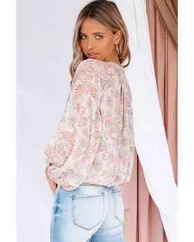 Azura Exchange Pink Paisley Print Buttons Bubble Sleeve Blouse L розовый