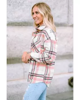 Azura Exchange Pink Plaid Button Front Chest Pocket Shacket M розовый