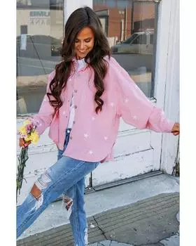 Azura Exchange Pink Star Print Button Denim Jacket S розовый