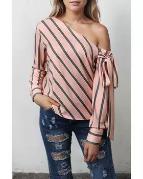 Azura Exchange Pink Striped Asymmetric Tied Shoulder Blouse M розовый