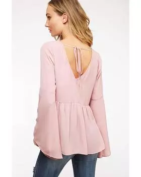 Azura Exchange Pink V-Neck Bell Sleeve Back-Tie Ruffled Blouse XL розовый
